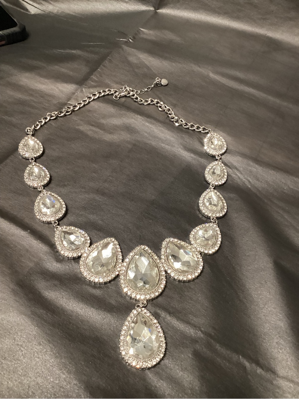 Crystal Teardrop Statement Necklace - Silver